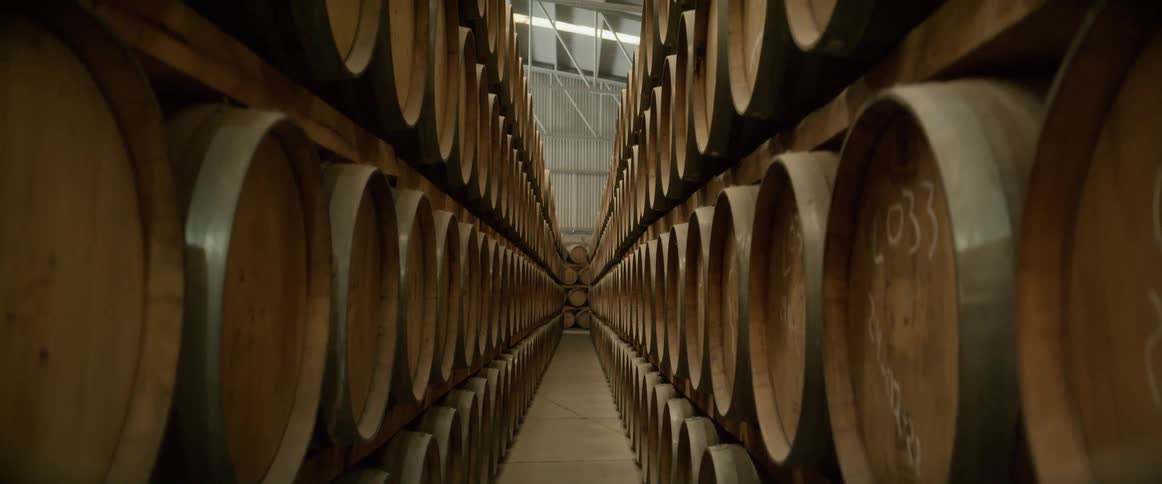 Rows of shelves hold oak aging barrels