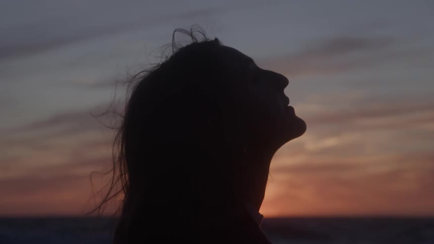 A woman in silhouette tilts her head back at dusk by the ocean her profile serene against a pastel sky