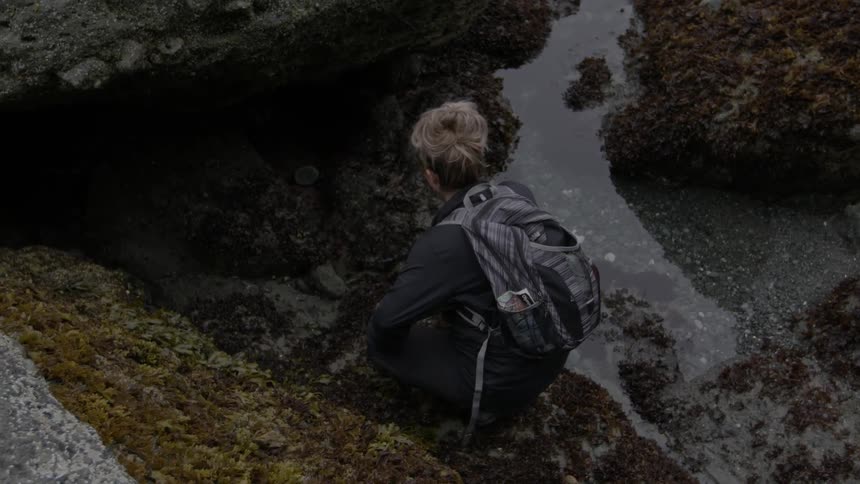 Woman kneeling next to a small body of water