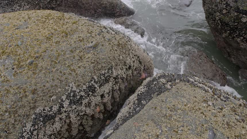 Water flowing and splashing through rocks and large boulders