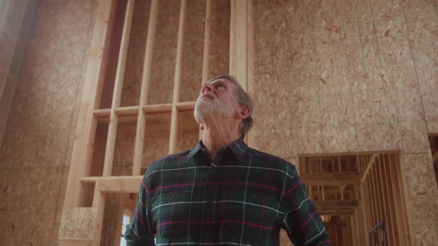 A middleaged man standing inside a building under construction looking around at the wooden structures at midday