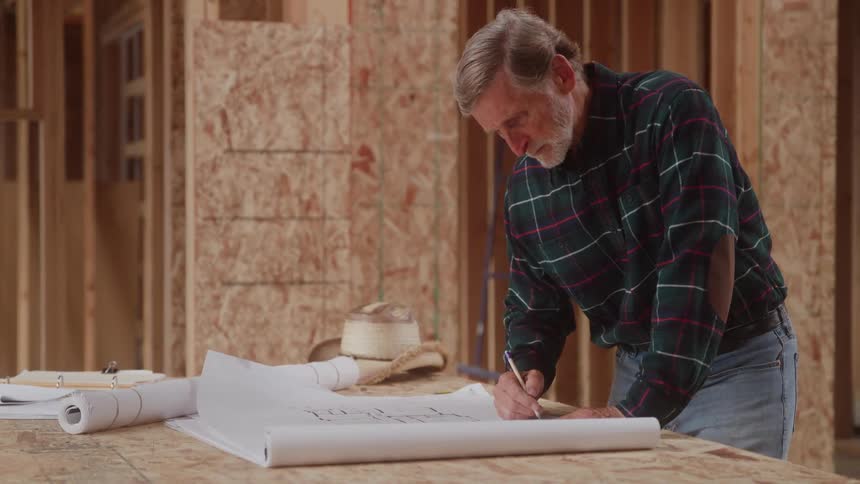 A middleaged man working on building plans spread out on a table inside a building under construction at midday