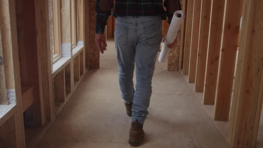 A man in jeans walks through a building that is under construction
