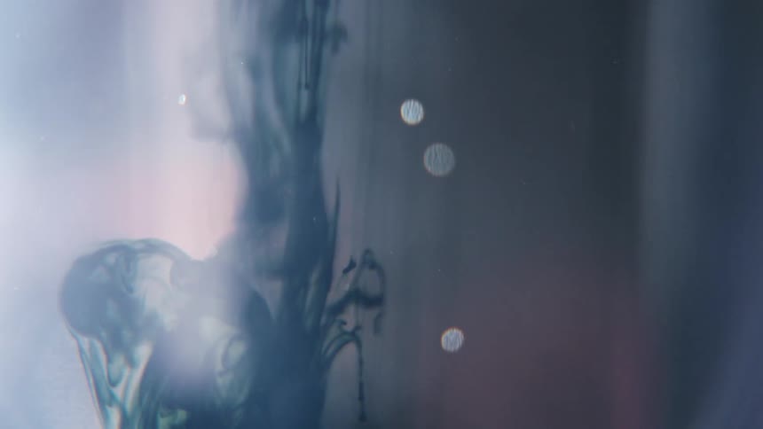 Closeup of dark ink swirling fluidly in soft light
