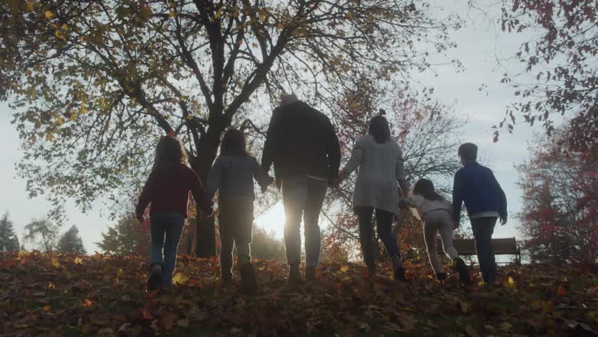 A wide lowangle shot captures a family of six including two adults and four children walking uphill and holding hands through a park covered in autumn leaves the sun is setting directly behind them creating a strong silhouette against the bright sky