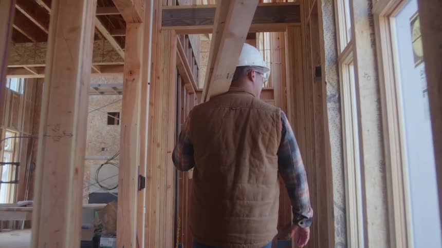 Construction worker carries wooden boards through the building site