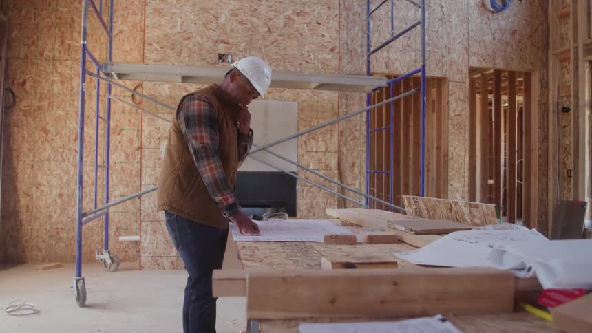 Construciton worker on site standing and studying the plans