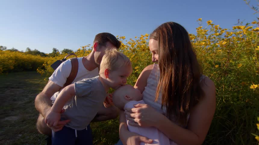 A happy family spends time together in a sunny field surrounded by yellow flowers