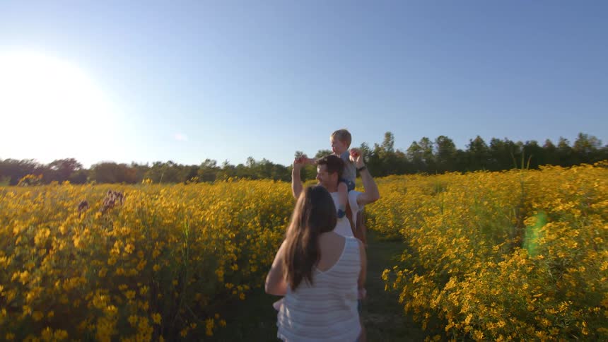 A family of four walks in a garden on a sunny day with the father carrying a child on his shoulders and the mother walking beside him holding an infant all looking excited