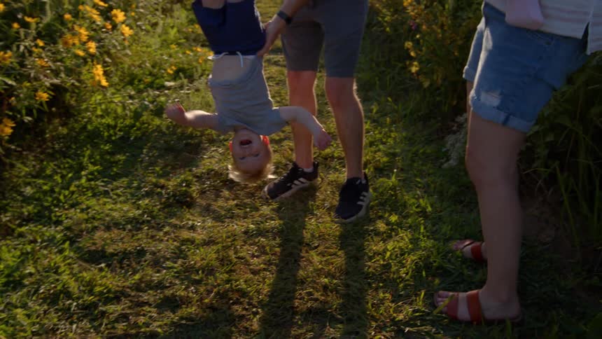 A family walks along a sunny path surrounded by tall yellow wildflowers a father carrying one child is joined by a woman holding a baby the father playfully flips the older child upside down and then sets him back on the ground to walk alongside the f