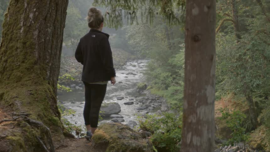 A hiker views a river in the woods