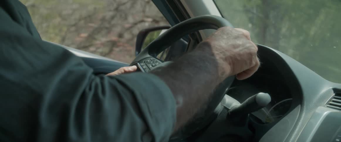 Driver holding the steering wheel while driving along a treelined road