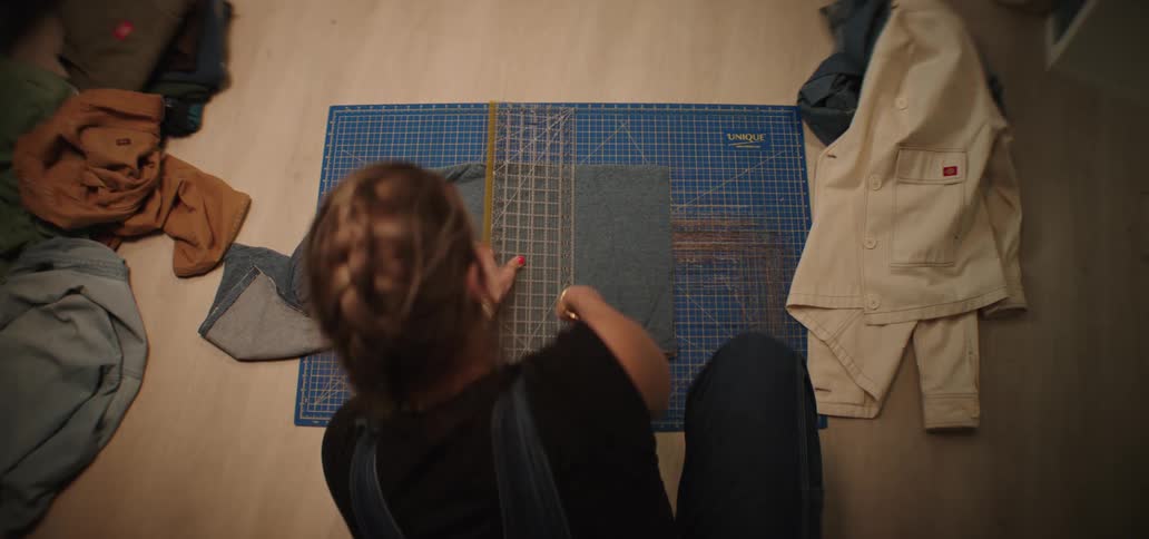 A woman using a ruler to make markings on a blue draft paper