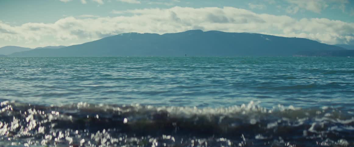 Waves roll in with a mountain along the coast