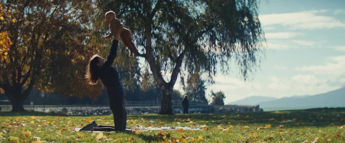 A mother kneels on a blanket on a sundrenched leafcovered lawn in a park and repeatedly raises and lowers her baby playfully into the air with a large weeping tree serving as the central backdrop and distant mountains visible under a bright sky