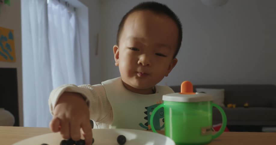 A little boy is eating some purple berries from a white plate and nodding his head in confirmation