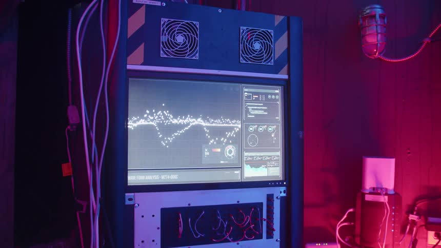 Pink tinted lighting colors the electronics in a room including a server