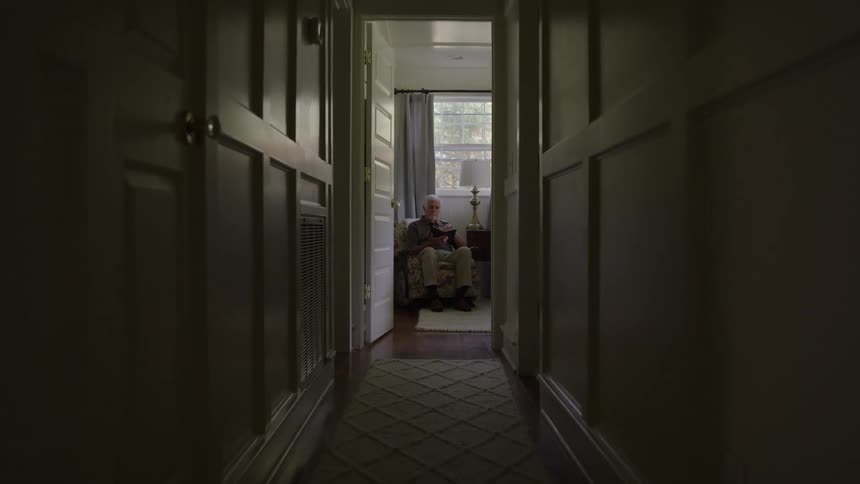 An elderly man sitting in an armchair reading a book