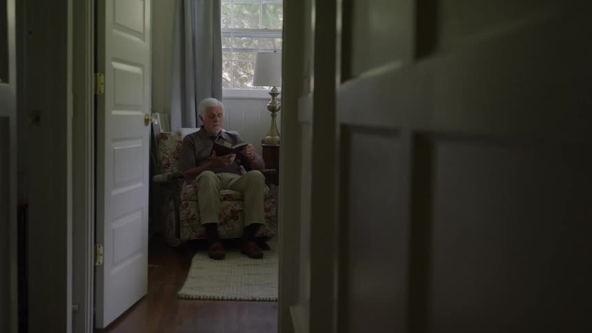 An elderly man sitting in an armchair in a room reading a book