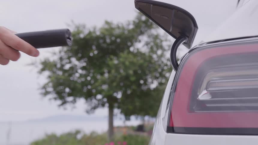 A closeup shot focuses on the rear taillight and charging port area of a white electric vehicle likely a teslaa persons hand opens the charging port flap then plugs a black charging connector into the car
