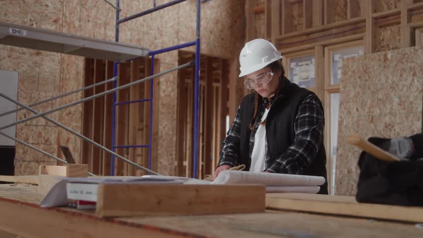 Woman wearing a hard hat reviews blueprints on a table at a construction site
