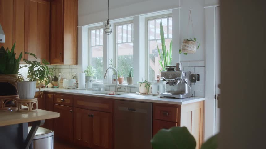 A bright modern kitchen with wooden cabinets and many houseplants is viewed from an adjoining room
