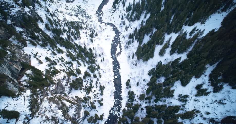 Top shot of a Narrow river winds between pine trees and snowcovered hill