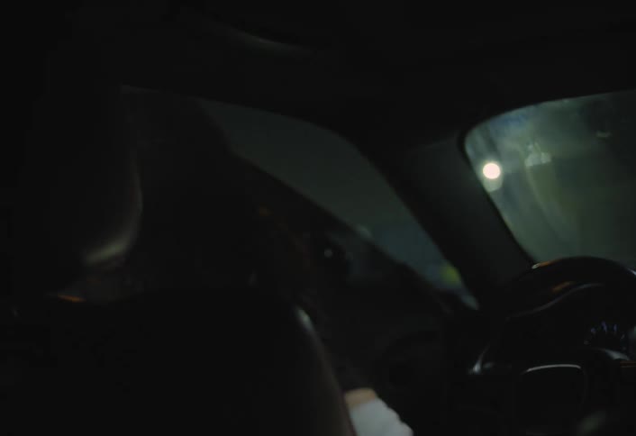 A woman in a car is talking and smiling then gets out and walks around the car