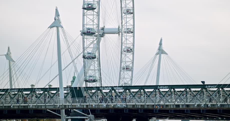 A busy pedestrian bridge in a metropolitan city during daytime in front of ferris wheel