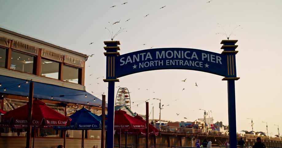 An amusement park on a busy day with many seagulls flying overhead and a sign that reads santa monica pier north entrance