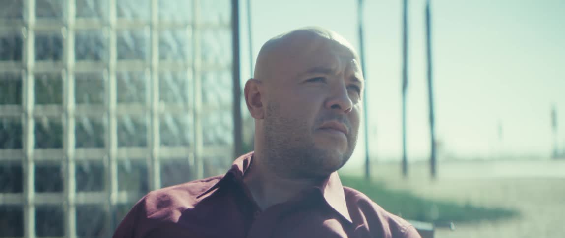 The face of a bald man wearing a red shirt looking forward in an outdoor setting