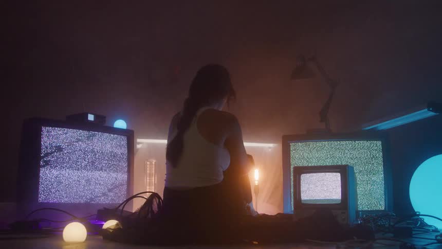 A woman sits in a room surrounded by televisions displaying only static