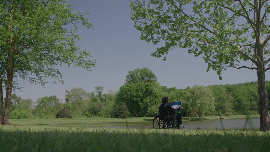 The person in a wheelchair is painting by the lake
