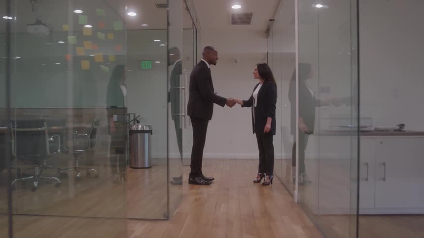 Two people shaking hands in an office