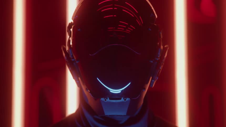 The black helmet is reflective on the persons head