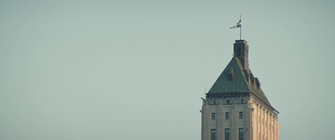 A tall historic building with a steep green roof and a flag on top stands against a clear pale blue sky