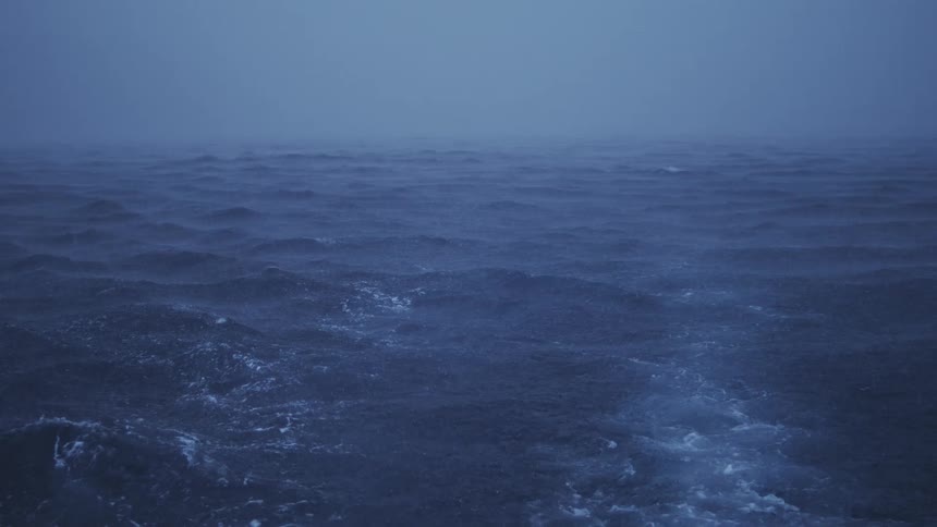 Choppy waves stretch beneath a dense blue fog