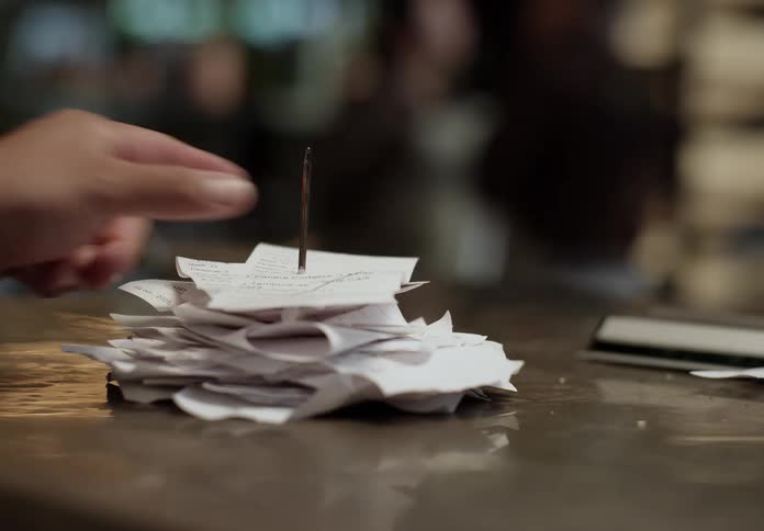 Hand stacking a receipt on a metal skewer on the counter