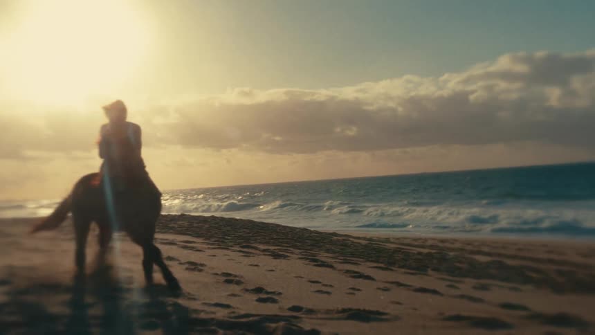 Person riding a horse on the beach at sunset