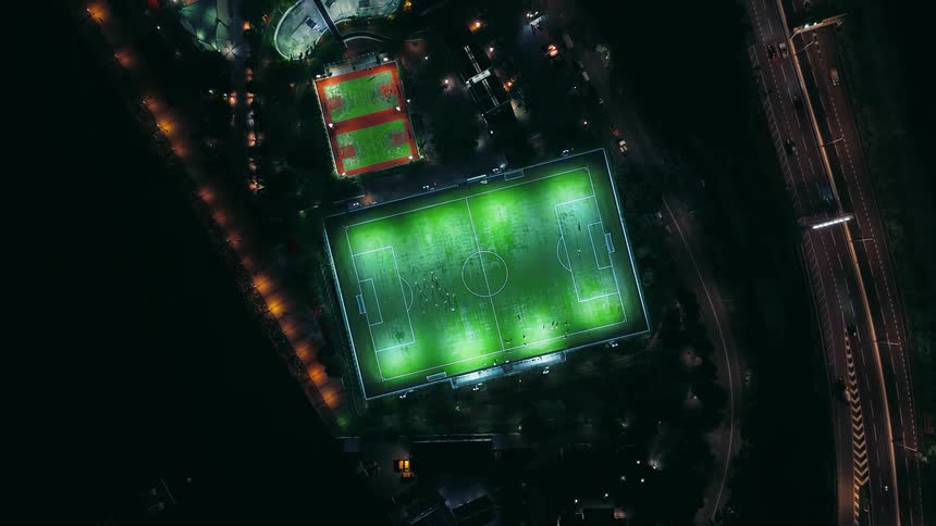 An aerial view of a soccer field