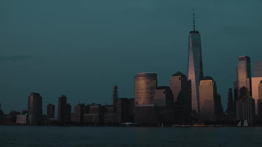 A city skyline at dusk