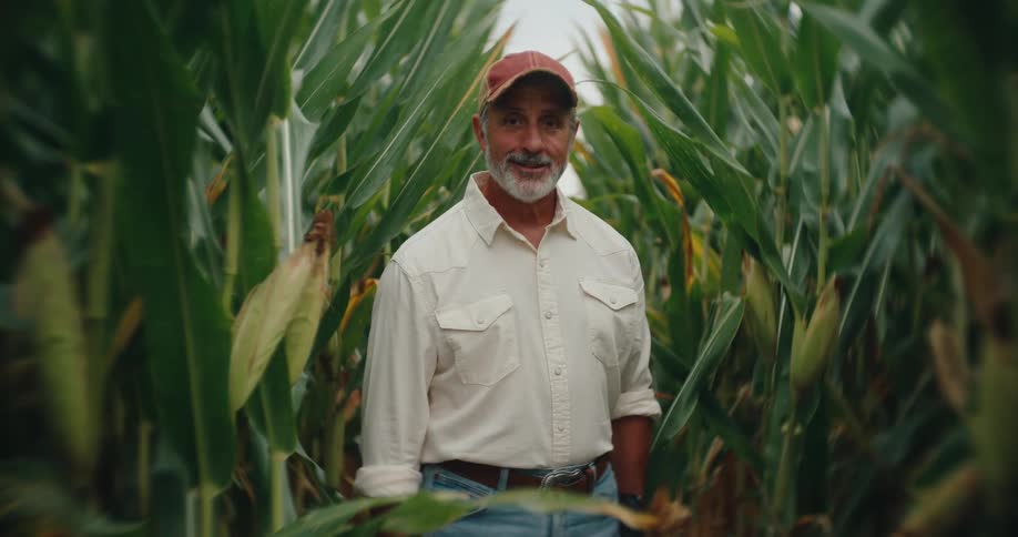 A man appearing to be a farmer is standing in a densely planted cornfield with tall green stalks surrounding him on both sideshe is wearing a white buttonup shirt jeans and a reddishbrown cap and looks up to face the camera with a slight smile