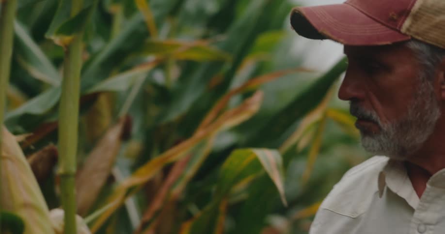 A man in a cap takes a closer look at some corn crops in a field