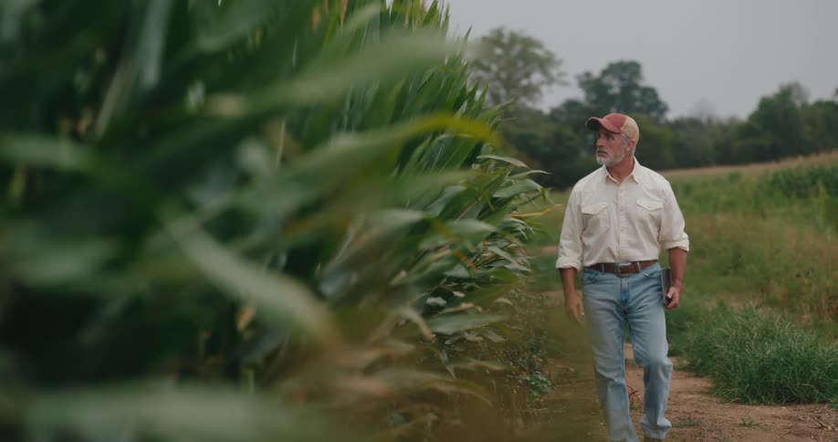 An older man likely a farmer wearing a lightcolored collared shirt jeans and a cap walks along a dirt path beside a row of tall corn plantshe walks with a deliberate pace looking around the field with a serious or pensive expression possibly as
