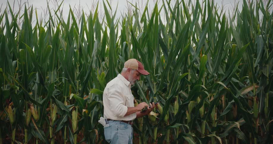 An older man uses an electronic tablet after checking the harvest in a cornfield