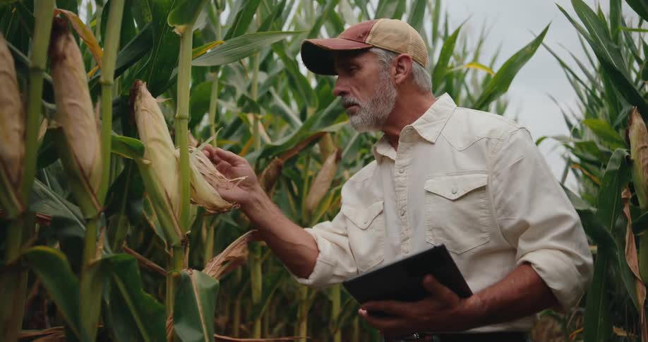 Man examines corn ears while holding a tablet in the field