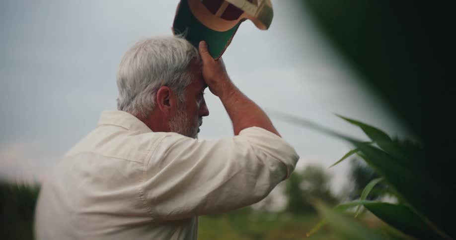 Man standing outside looking at his cornfield takes off his hat and rubs his head