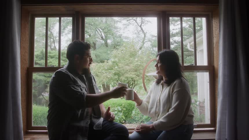 A man and woman sit across from each other in a large window seat laughing and clinking their mugs together before the man takes a sip
