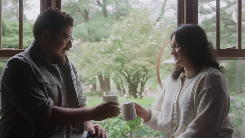 A happy man and woman are toasting with white mugs sharing a joyful intimate moment by a bright window overlooking a green yard