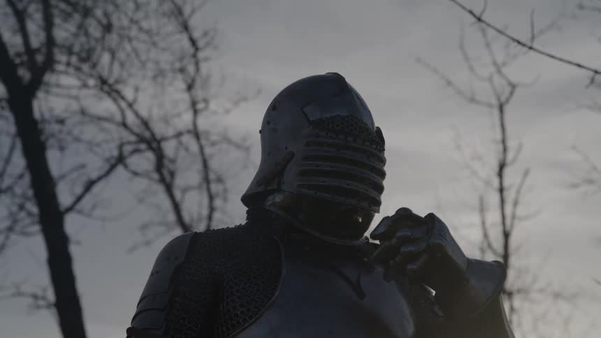 Elderly man in medieval armor adjusting helmet in front of leafless trees under cloudy sky